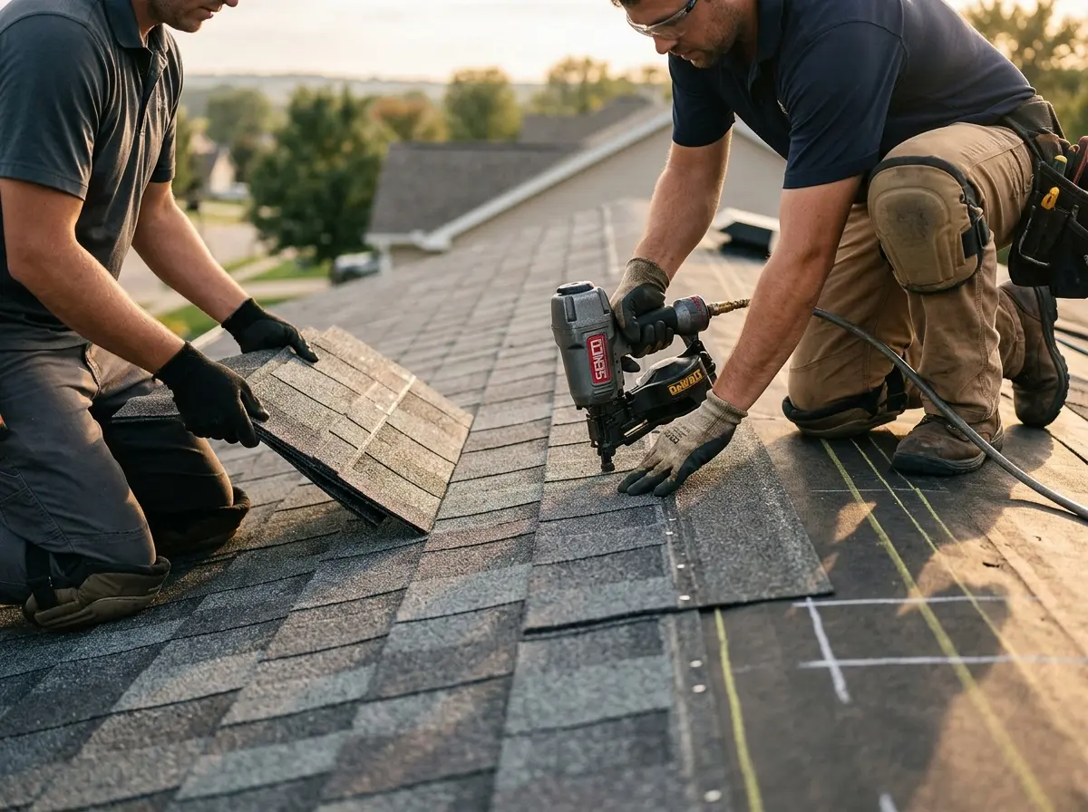 Professional roofer working on a residential roof in East Lake-Orient Park